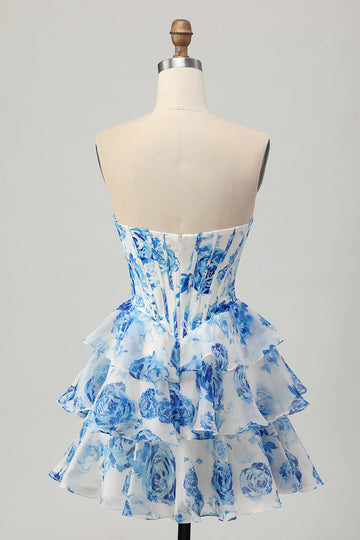 White Blue Flower A-line Strapless Corset Tiered Short Prom Dress with Sequins